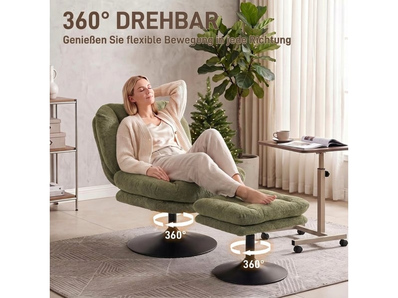 Fauteuil pivotant avec pouf réglable en hauteur, dossier enveloppant et assise rembourrée en velours polyester vert - Conforama C