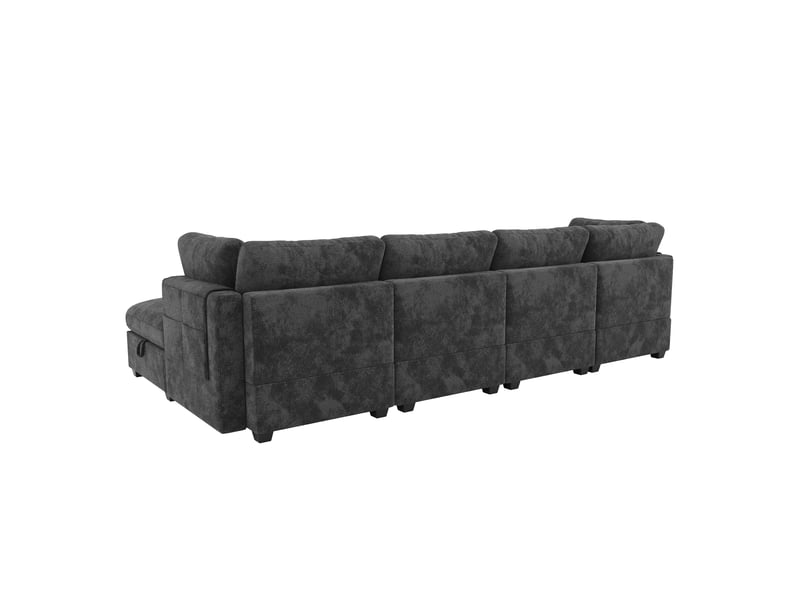 Canapé d'angle modulable 4 places en tissu chenille gris, pouf à rangement, 3 coussins, 226×147×81 cm - Conforama R