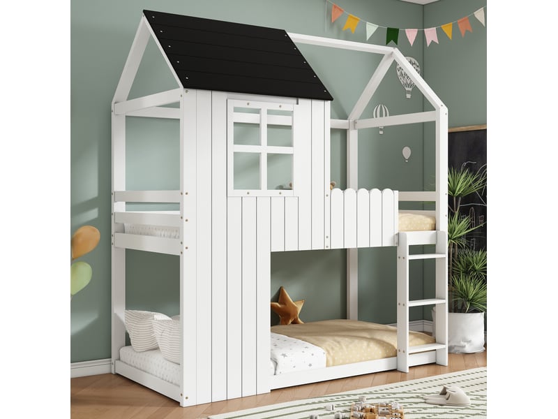  Lit mezzanine 90x200 cm forme maison avec escalier à trois marches en pin et mdf blanc et noir  - Conforama D