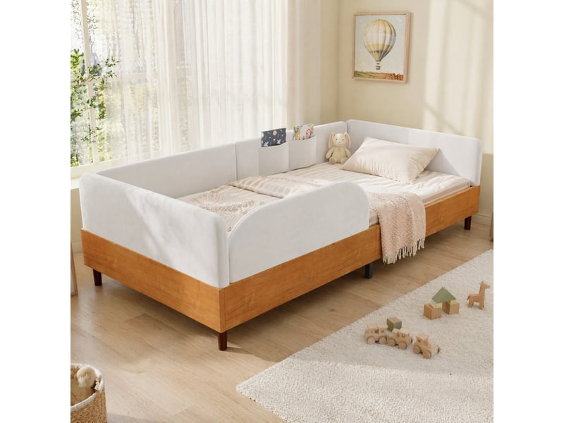  Lit enfant 90×200 cm avec barrière et 2 poches de rangement  - sans matelas, velours et bois - blanc  - Conforama B