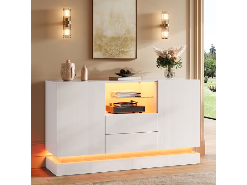 Buffet de rangement 140x40x80 cm, éclairage led, commande par application, 2 portes pour salon et salle à manger - blanc - Conforama D