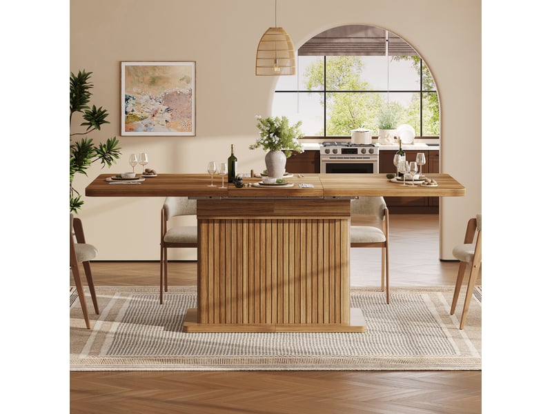  Table de salle à manger extensible 120-160x80x76 cm,  rangement caché, relief vertical, multifonction, mdf, marron foncé  - Conforama B