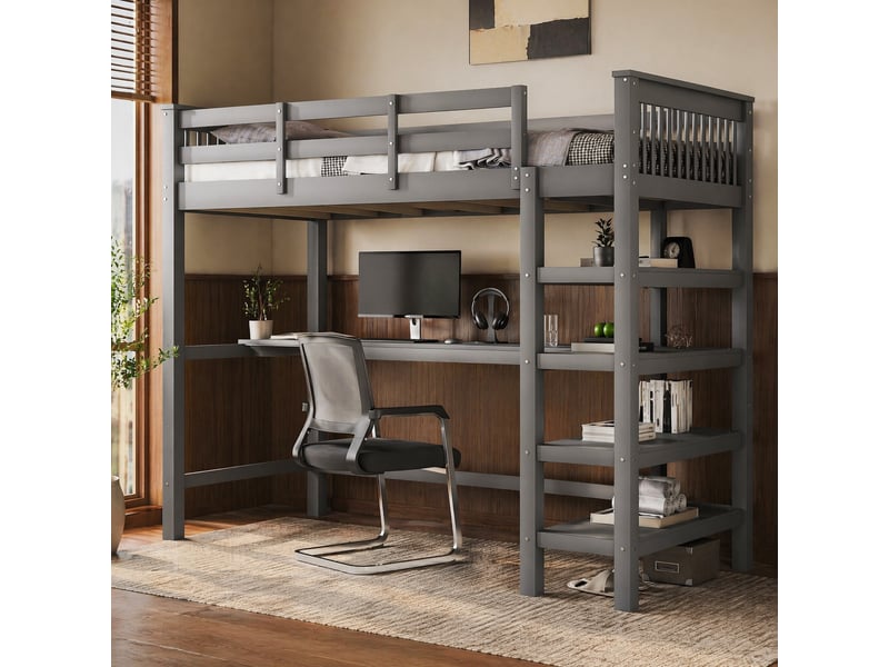  Modenvie lit mezzanine enfant 90x200 cm - avec bureau et étagères, sans matelas - gris  - Conforama B