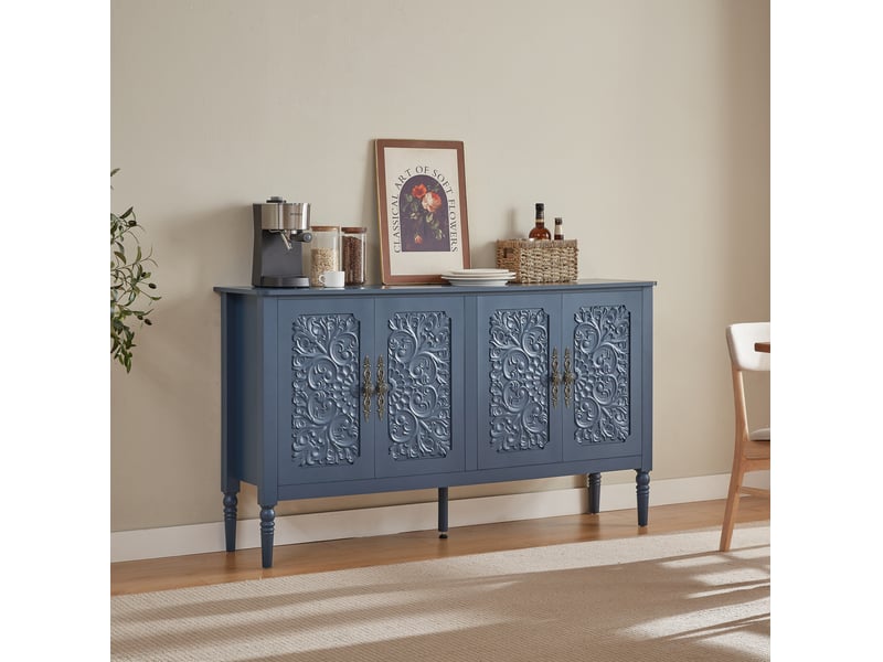  Buffet et enfilade avec 4 portes à relief, poignées en métal et angles arrondis pour salle à manger bleu marine  - Conforama B