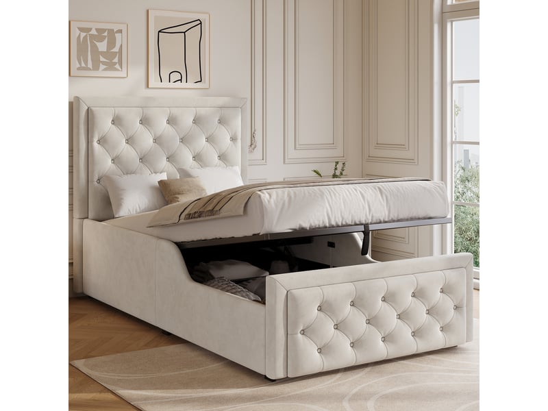  Lit coffre enfant 90 × 200 cm 1 place avec rangement hydraulique, sans matelas, en velours, beige  - Conforama C