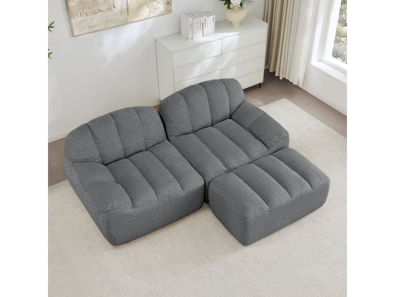  Canapé d'angle modulaire 2 places avec ottoman en tissu bouclette gris  - Conforama D