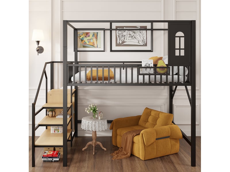  Lit mezzanine 140x200 cm, 250x145x222 cm, toit, escalier rangement, métal et mdf, noir et blanc, sans matelas  - Conforama D
