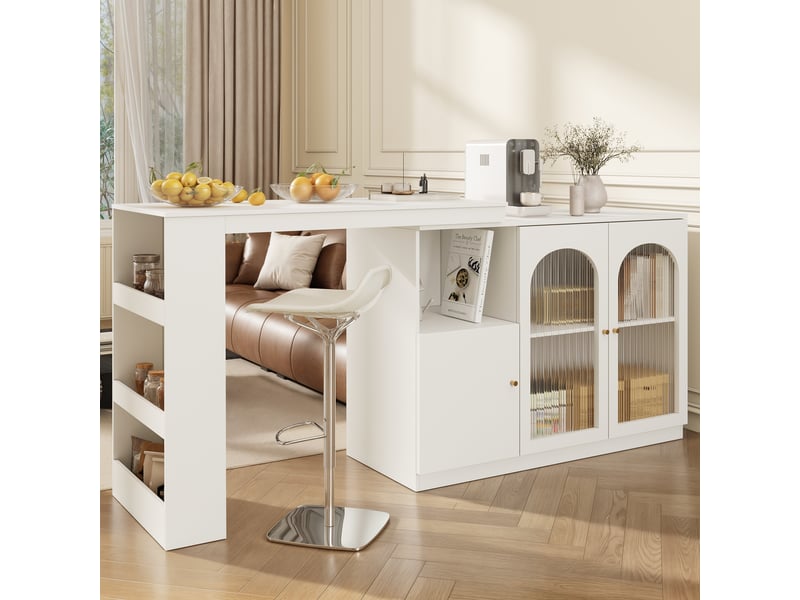  Table de bar 120 x 40 x 97 cm, pivotante à 360°, table à manger avec 3 portes, rangement ouvert - blanc  - Conforama B