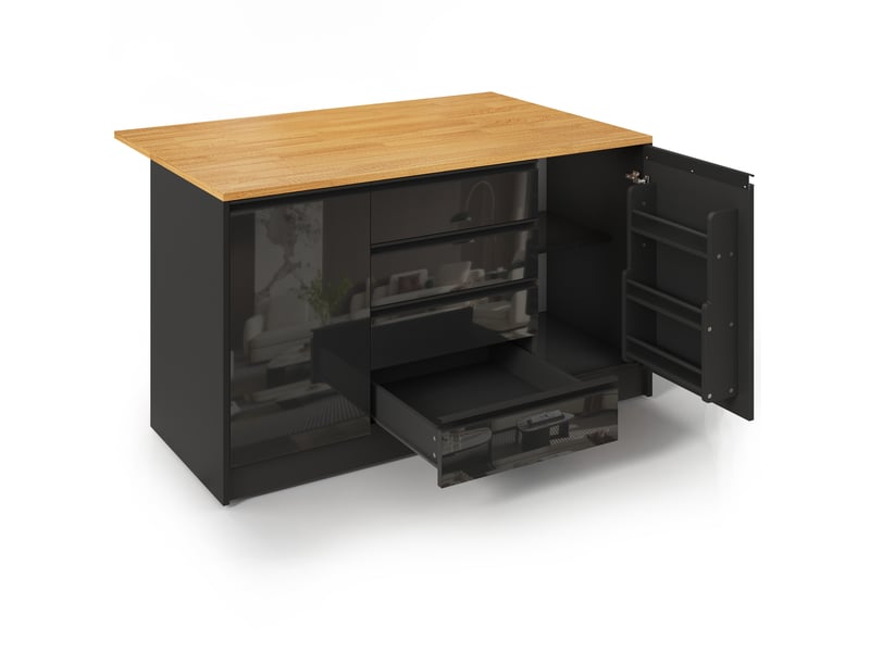  Îlot de cuisine avec 4 tiroirs 2 portes et plateau rabattable, mdf noir et décor bois, 140x50(80)x90 cm  - Conforama D