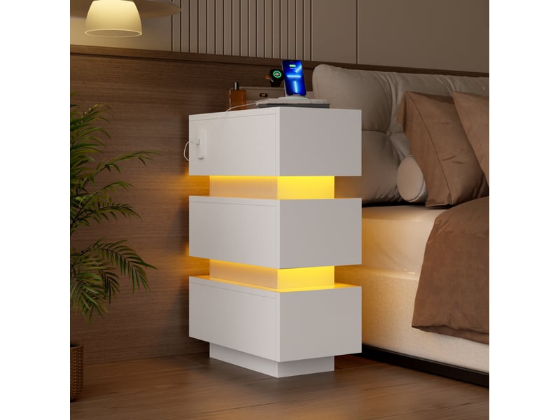  Lot de 2 tables de chevet étroites led avec 3 tiroirs, usbusb-c, blanches, 20x40x59,5 cm  - Conforama R