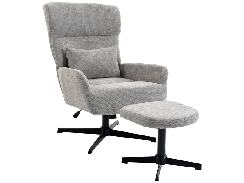 Fauteuil lounge pivotant à 360° avec repose-pieds, réglable en hauteur, revêtement en chenille, avec coussin lombaire, blanc crème  - Conforama A