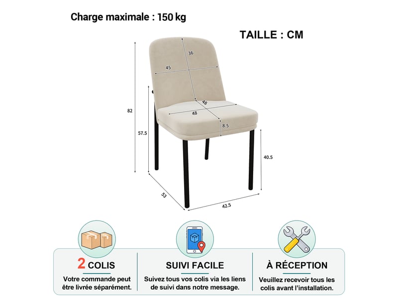  Chaise de salle à manger lot de 4 avec assise épaisse rembourrée et pieds en métal noir, en velours beige  - Conforama D