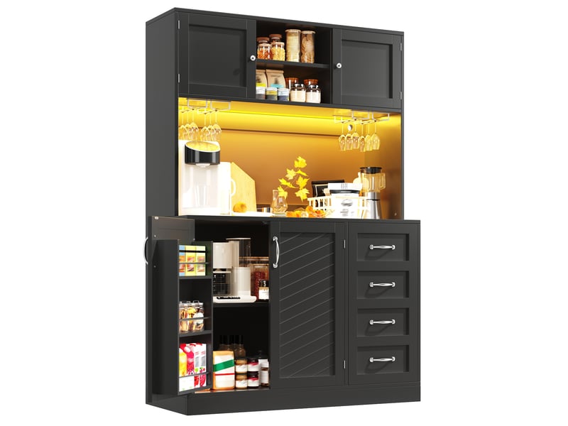  Meuble de cuisine muvano noir, buffet haut avec éclairage led, 4 portes et 2 tiroirs, 120 × 40 × 188 cm  - Conforama A