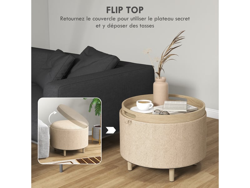  Pouf rond repose-pieds tabouret avec coffre de rangement, plateau réversible, meuble 3 en 1 pied en bois beige  - Conforama D