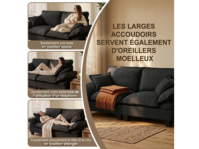 Canapé d'angle modulaire 3 places avec ottomane amovible 194 x 151 x 90 cm confort chenille noire  - Conforama R