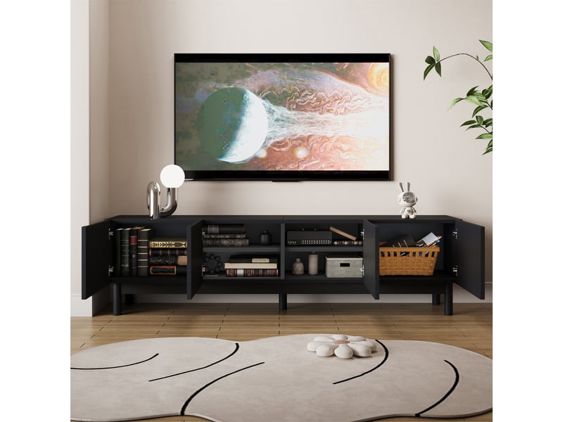  Meuble tv noir 169 cm à 4 portes ondulées, design sans poignée, pieds en bois massif, rangement multimédia  - Conforama R