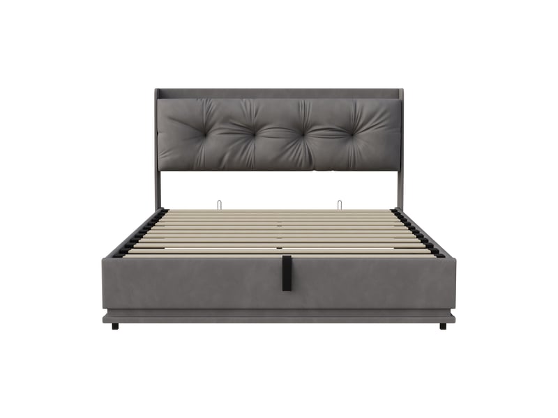  Lit coffre 140x190 cm, lit double avec led rgb, chargement usb, avec levier hydraulique, sommier à lattes, en velours, gris  - Conforama D
