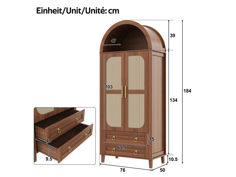  Armoire cintrée led pilotée par appli, porte rotin, penderie, 2 tiroirs, pb – 76×50×184 cm, noyer  - Conforama C