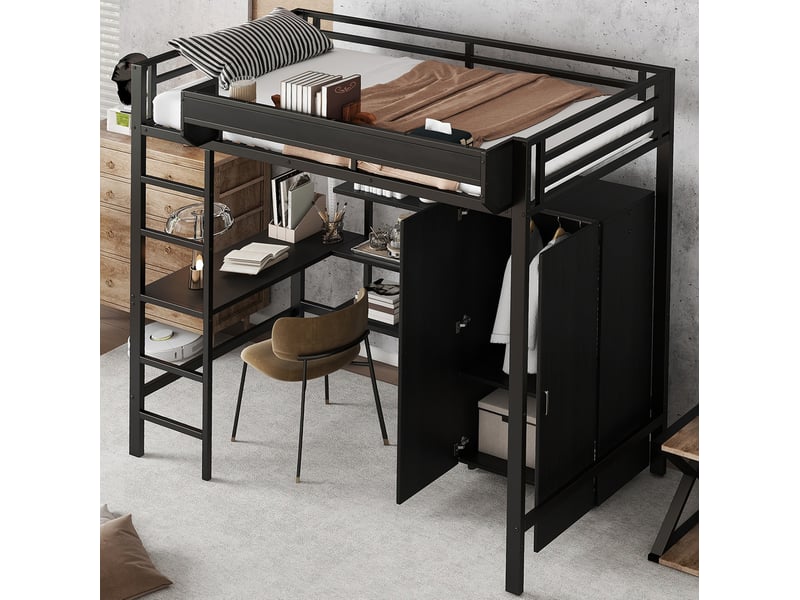  Lit mezzanine enfant 90 x 200 cm noir avec bureau et armoire  - Conforama C