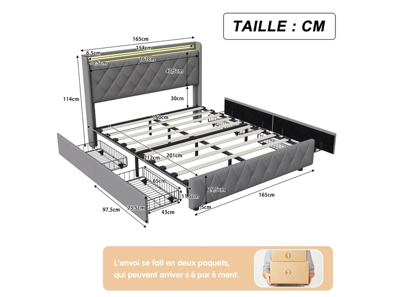  Lit double 160 x 200 cm gris – velours moelleux, tête de lit avec étagère &amp; veilleuse led, ports usbtype-c &amp; 4 tiroirs  - Conforama B