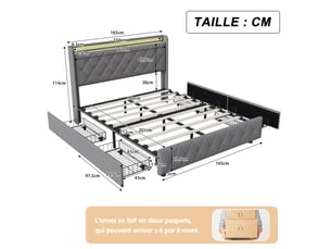 Lit double 160 x 200 cm gris – velours moelleux, tête de lit avec étagère & veilleuse led, ports usbtype-c & 4 tiroirs