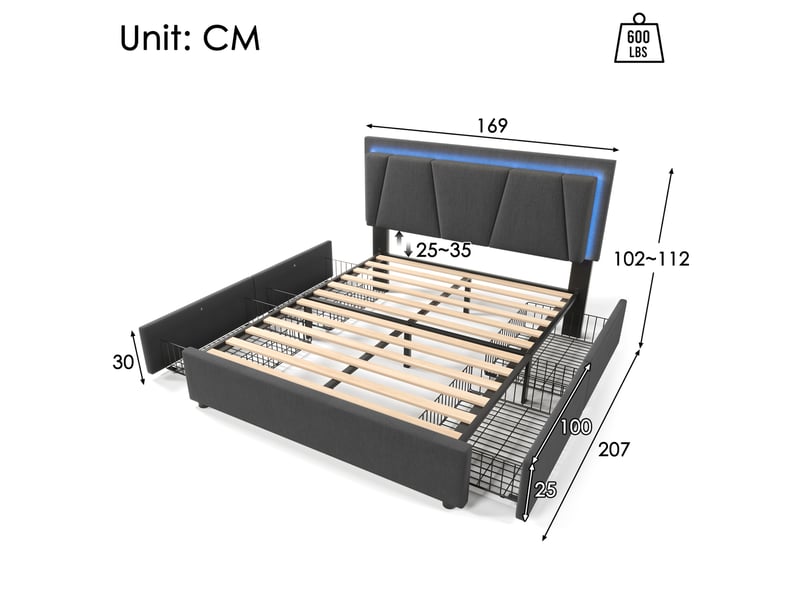  Lit coffre 2 places 160x200 cm, sans matelas, bois gris, tête de lit ajustable, sommier à lattes, 4 tiroirs, doté de led intégré  - Conforama C