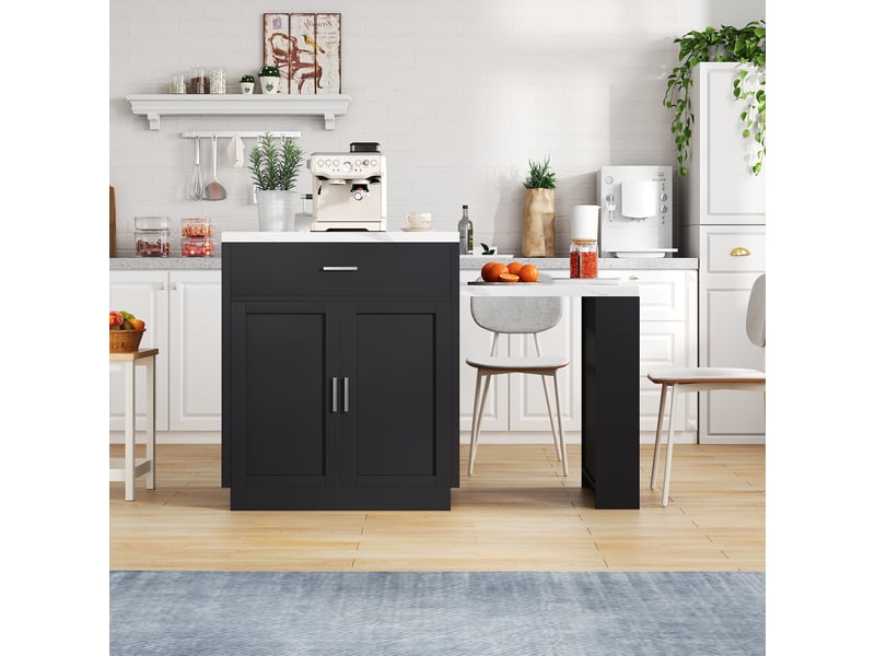  Desserte îlot de cuisine avec table extensible,2 portes,2 tiroirs,2 niches,2 étagères latérales et prise de courant,noir îlot de cuisine noir - Conforama D