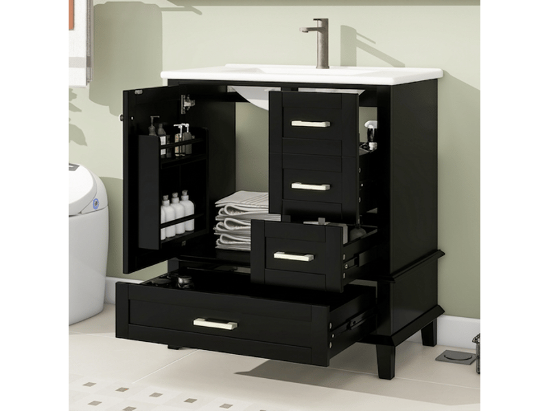  Meuble salle de bain noir 76 cm avec vasque céramique et 3 tiroirs  - Conforama C