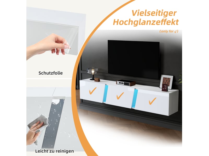  Meuble tv mural suspendu blanc led – 180 x 35 x 30 cm – 3 portes – jusqu’à 75 pouces  - Conforama E