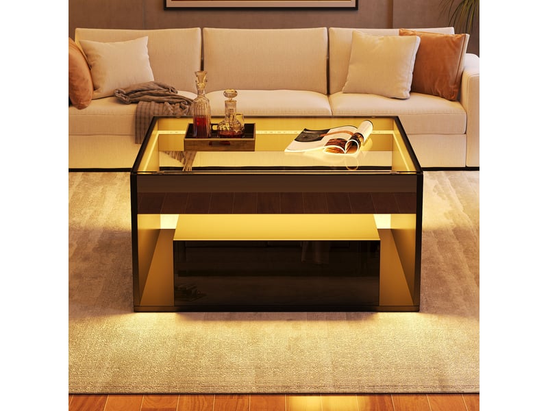  Table basse noire avec led 70x70 cm, table de salon carrée en verre trempé avec 2 tiroirs et rangement central  - Conforama D