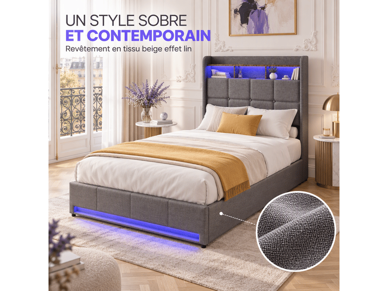  Lit simple 90x200cm avec led et usb, lit capitonné avec 2 tiroirs, tête de lit avec espace de rangement et sommier à lattes, 1 place, gris, tissu en lin  - Conforama R