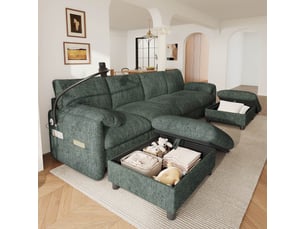 Canapé d’angle modulable 6 places, u ou l avec 2 poufs coffre, usb et type-c, accoudoirs avec support téléphone, chenille vert