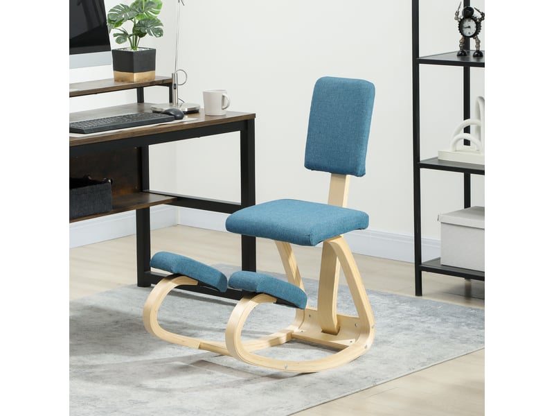  Chaise ergonomique à genoux basculante avec dossier, tissu bleu et bois clair 51x84x93 cm  - Conforama D