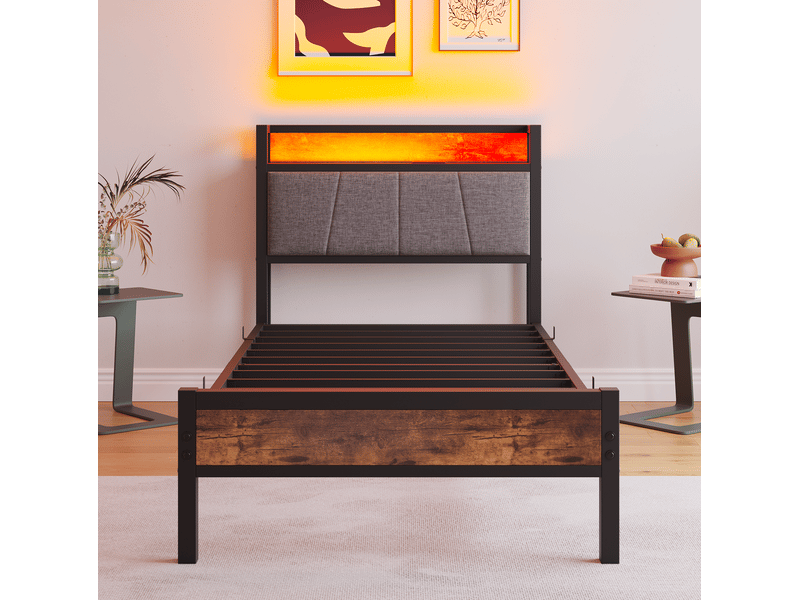  Lit simple 90x200 cm, couleur marron+noir, mdf et métal, led équipé de prise et usb  - Conforama E