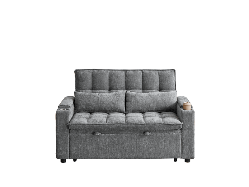  Canapé convertible 3-en-1 avec position allongée, rangements, poches et porte-gobelets en chenille gris  - Conforama A