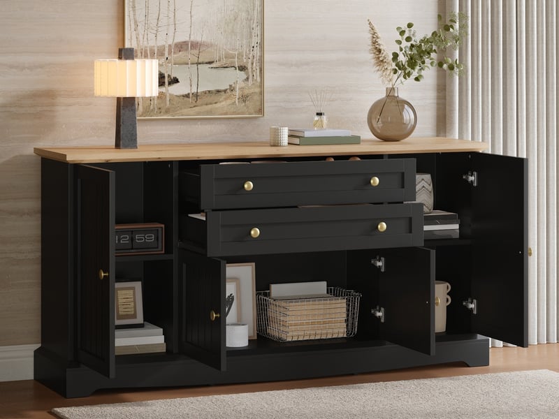  Commode 4 portes et 2 tiroirs, 160 x 38 x 78,5 cm, tablettes ajustables, poignées en fer, design contemporain à lamelles, noir  - Conforama B