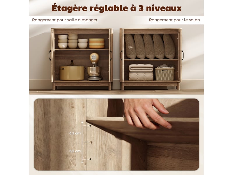  Buffet salon, meuble de rangement avec 2 portes en rotin, étagère réglable et bords arrondis, chêne, 76 x 35 x 75,5 cm  - Conforama E