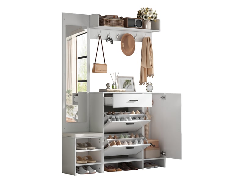  Meuble d'entrée blanc en mdf avec rangement chaussures, miroir, banc rembourré, 6 patères et 2 abattants, 140 x 30 x 200 cm  - Conforama E