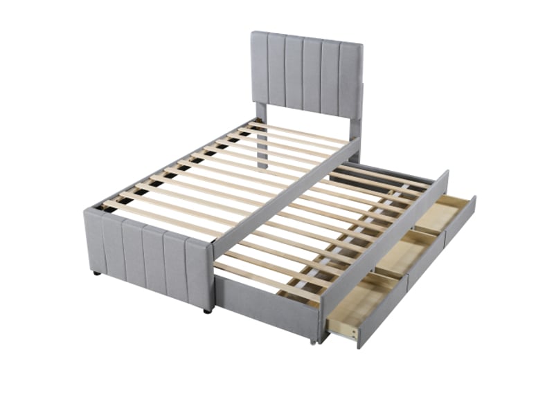  Lit enfant 90x200 cm, avec lit gigogne et 3 tiroirs, avec tête de lit rembourrée, en tissu, gris, sans matelas  - Conforama C