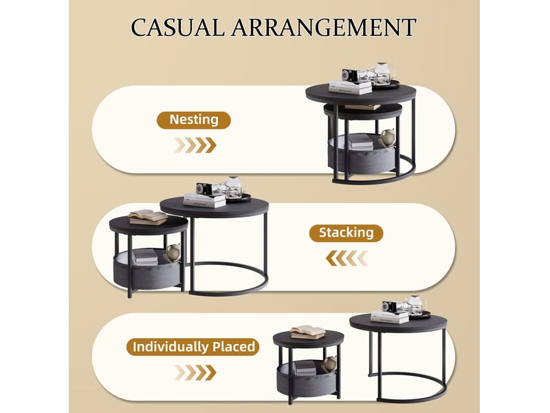 Tables basses gigognes rondes avec sac de rangement, plateau résistant à l’eau et aux rayures, métal noir antique - Conforama E