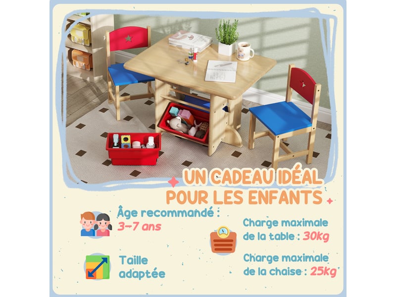  Table enfant avec 2 chaises ensemble table et chaises enfants 3 pièces en bois avec 4 bacs de bois rangement naturel  - Conforama R