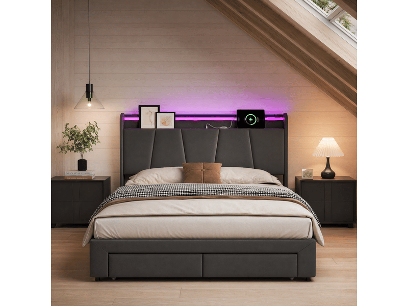 Lit coffre 160x200 avec led et usb, lit double avec led et tiroir lit 2 places avec rangement et tête de lit rembourré cadre de lit capitonnée avec 2 tiroirs lit 2 personnes lin gris, sans matelas - Conforama B