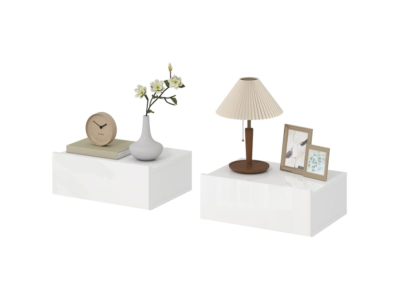  Ensemble de 2 tables de chevet suspendues avec 1 tiroir, fixation murale, style moderne pour chambre, 40 x 30 x 15 cm, blanc  - Conforama B
