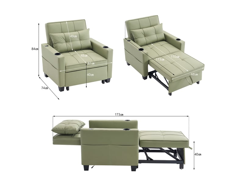 Fauteuil-lit 3-en-1 extensible avec dossier réglable, porte-gobelets et port usb en bois et métal vert avocat  - Conforama C