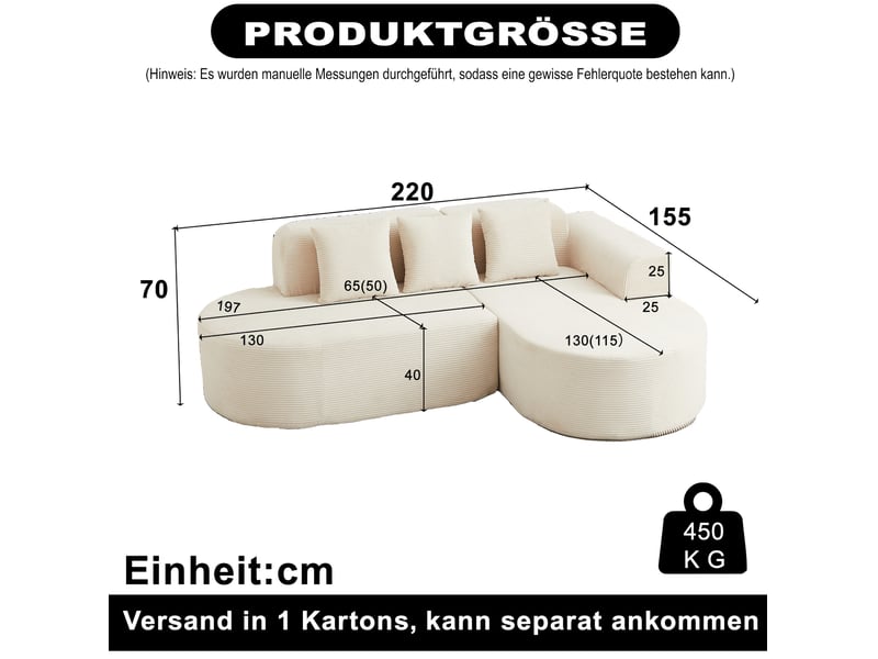  Canapé d'angle 4 places avec méridienne et trois coussins, dossier incurvé en velours côtelé beige, 220 × 155 × 70 cm  - Conforama C