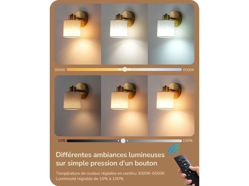  Applique murale led dimmable orientable lot de 2 avec télécommande lin e27 370618_AACSC60508_6_DROPFR - Conforama C