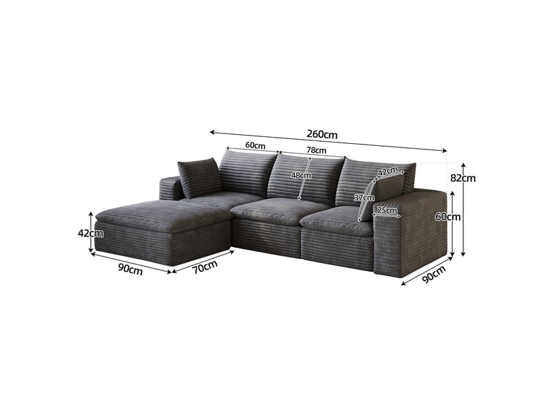  Grand canapé nuage 260 cm en velours côtelé gris foncé, déhoussable et sans montage pour salon et appartement  - Conforama C