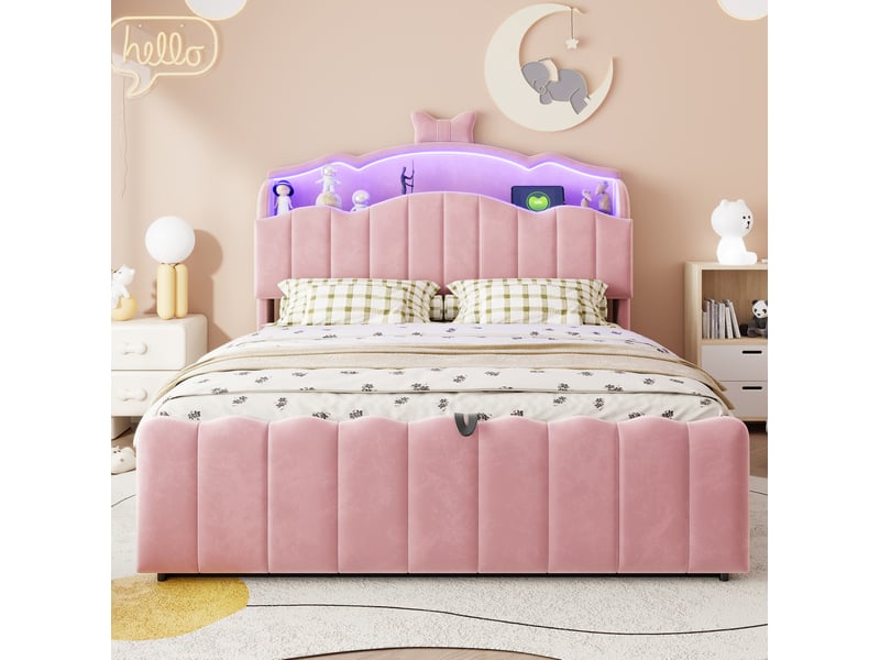  Lit coffre enfant modenvie 140 x 200 cm en velours rose avec led, usb et usb-c  - Conforama E