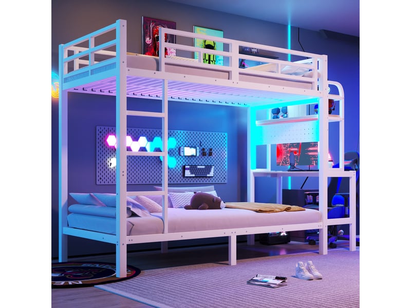 Lit superposé enfant 90x200 cm avec bureau intégré, étagères, led multicolore via app, usb, garde-corps et échelle, métal blanc Radiant Stride - Conforama D
