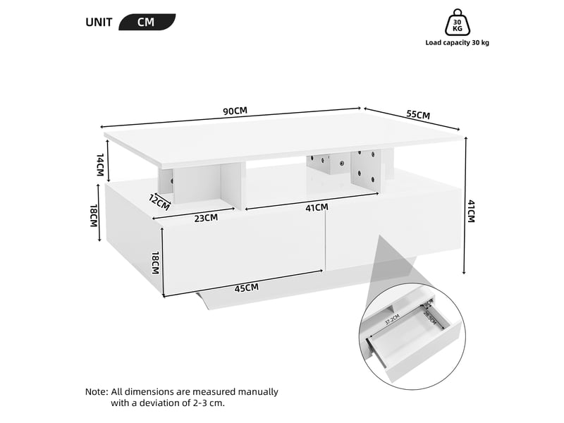  Table basse moderne laquée brillante avec éclairage led et 2 tiroirs – élégante table d'appoint de 90 x 55 x 41 cm avec espace de rangement, supportant jusqu'à 30 kg  - Conforama C
